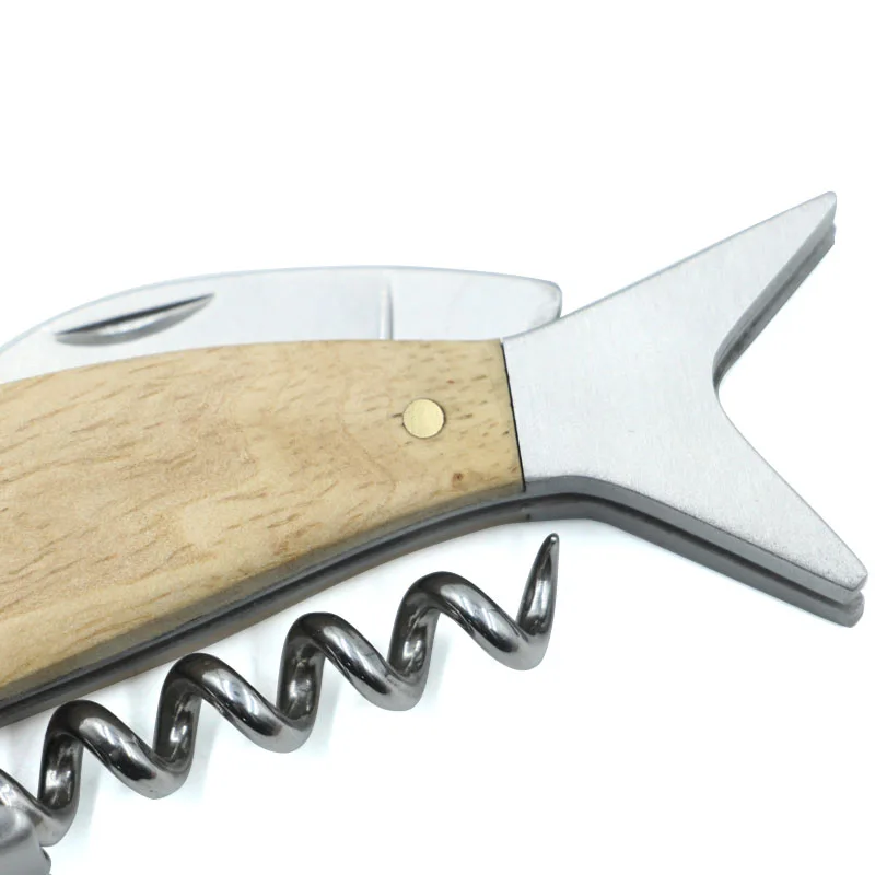 Selco Fish Shaped Wine Opener Wood Handle Professional Metal Openers Multi-function Portable Screw Corkscrew Wine Bottle Opener