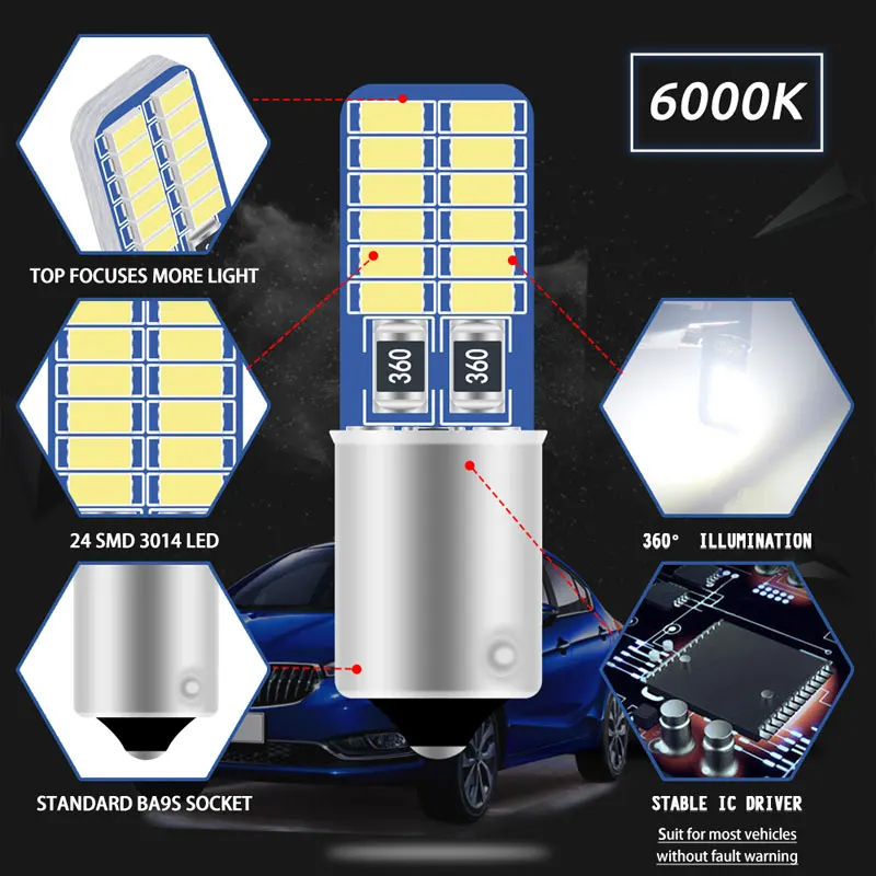 3014  Chips Bulb For Cars Roof lights Mirror lights License Plate Lights 12V  Ba9s Led T4W H6W Led 24SMD