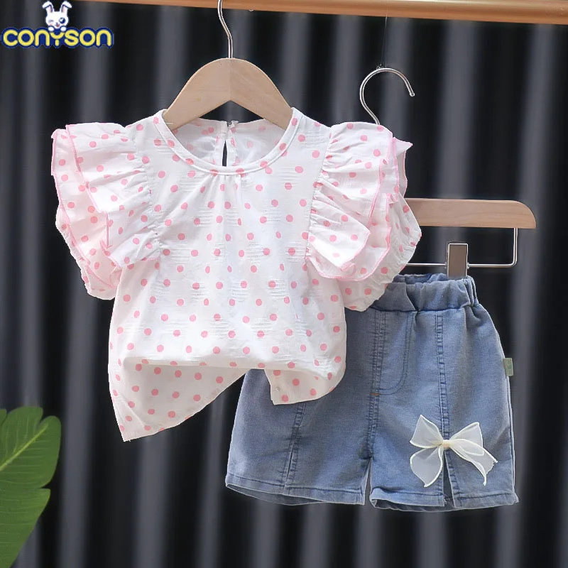 Conyson New Arrival Summer children outfits 1-4 Years Old Kids Girls Fashion Size 2 Pieces dot clothing denim shorts clothes Set
