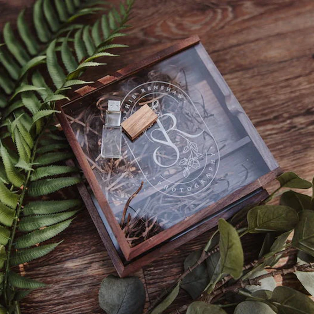 luxury transparent slide lid custom logo walnut compartment crafts usb flash display custom album wooden photo box packaging