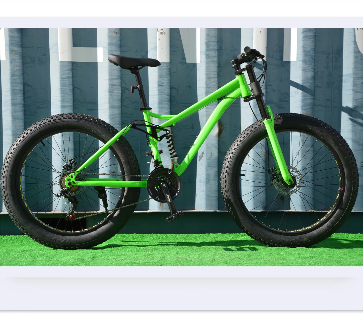 green color suspension frame steel fat bicycle with wide tire snow bike with alloy rims