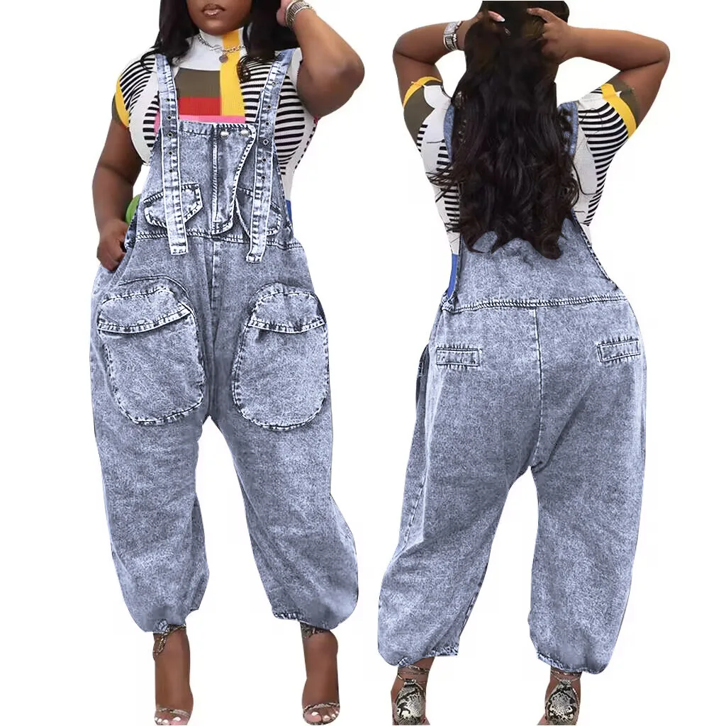 hot sale fashion baggy blue denim jumpsuits overall loose suspenders casual one piece jean rompers women jumpsuit