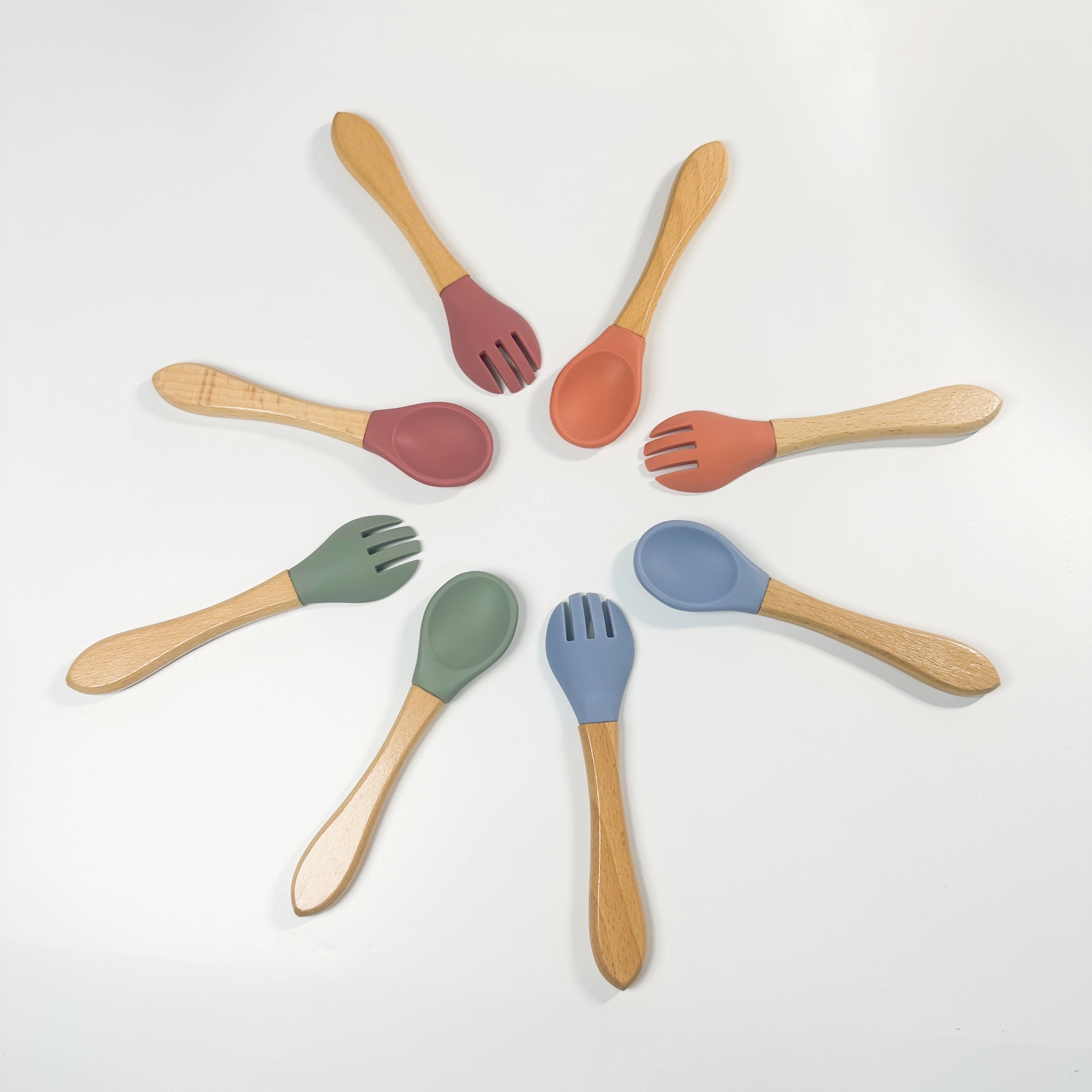 Eco-friendly BPA FREE 100% food grade silicone wood baby kids spoon and fork