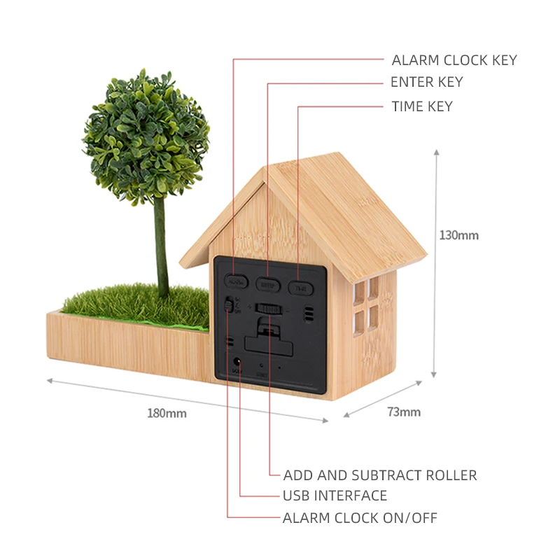 2022 New Year Gift Home Decoration Real Bamboo House shape Alarm Clock With Calendar Temperature Display best for bedroom