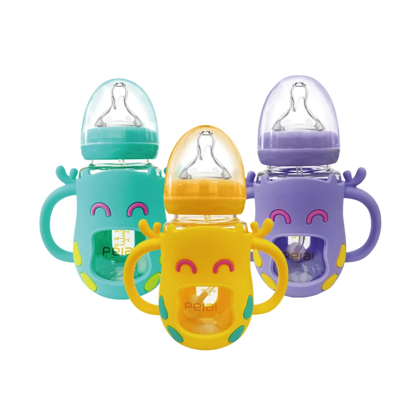High quality baby bottle nipple wide mouth silicone cover glass infant nursing cartoon baby feeding bottle