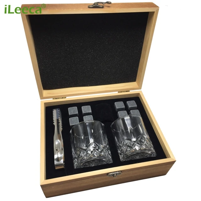 Combination soapstone chilling rocks and wooden box set whiskey stones