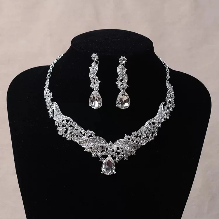 Elegance Shiny bride Dress lady  Diamond Necklaces Earrings Two piece Set