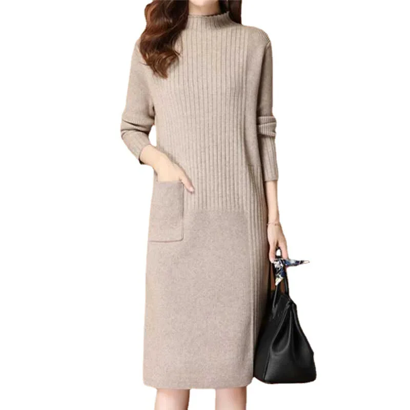 Fashionable women high neck long sleeve free size plain sweater dress