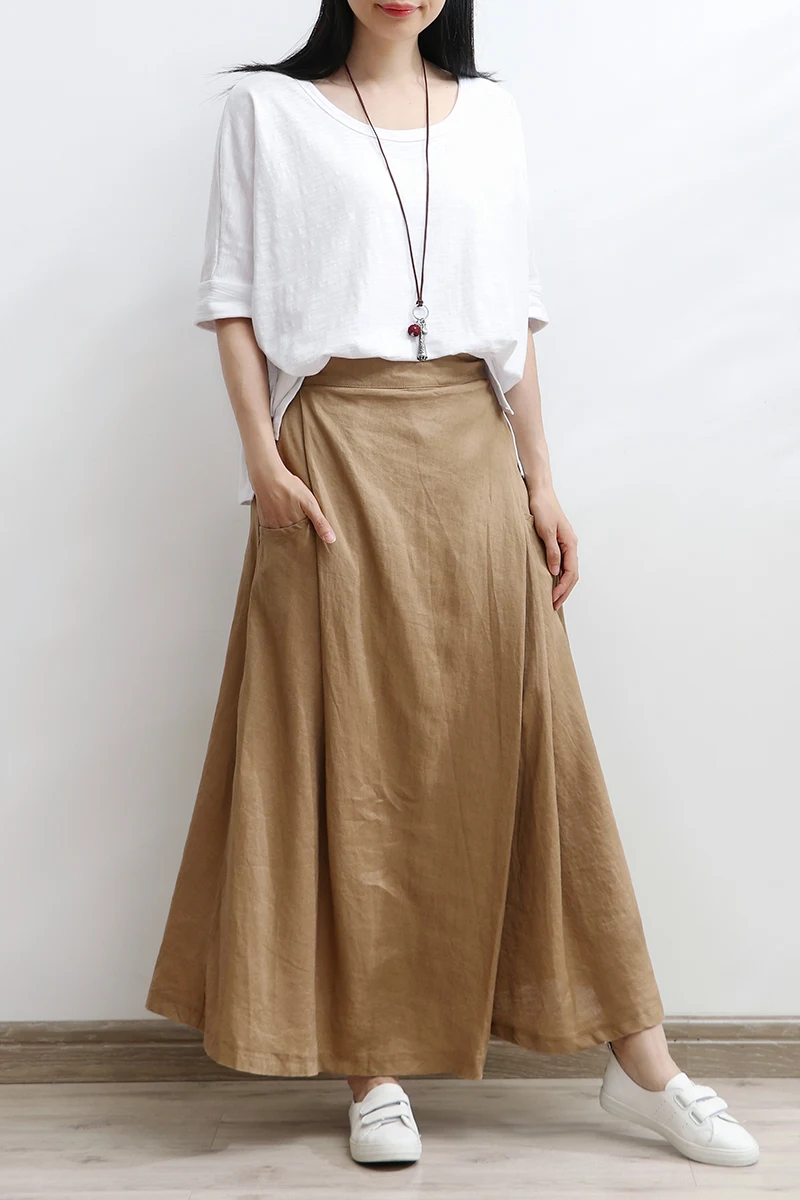 2023 New Long Maxi Elastic High Waist Women Skirt With Pockets Summer Casual A-line Linen Cotton Beige Skirts
