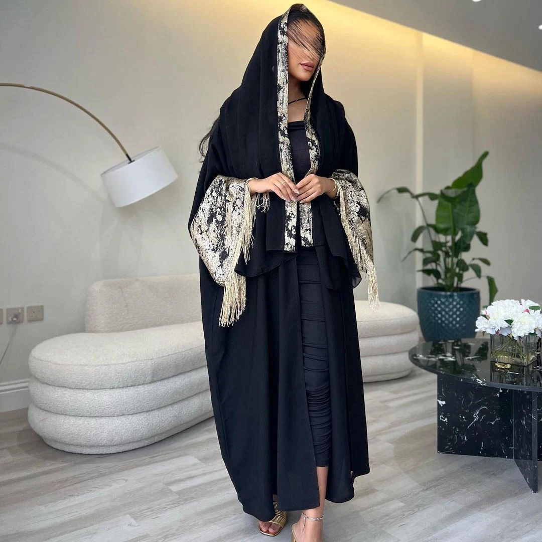 Abaya manufacturer  Black Dubai style modest Muslim abaya wide sleeves Open Abayas with Tassel