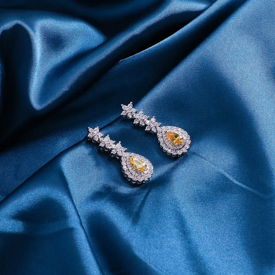 Bedazzled Luxury 4pcs Full Set Exquisite Micro inlaid Zircon Yellow stone Water Drop Elegan Bridal Wedding Fine Jewelry Set