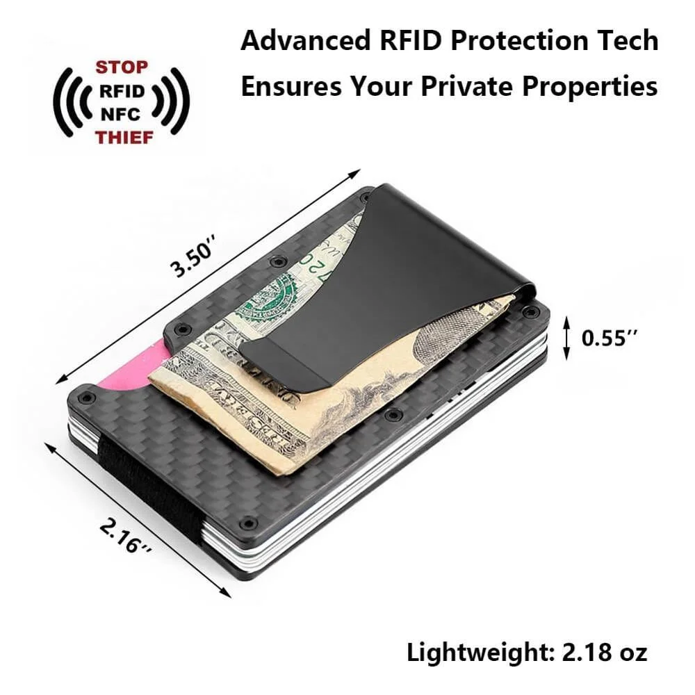 
RFID Carbon Fiber Minimalist Card Wallet Front Pocket Wallet Slim Credit Card Holder with Money Clip RFID Blocking Metal Wallet 