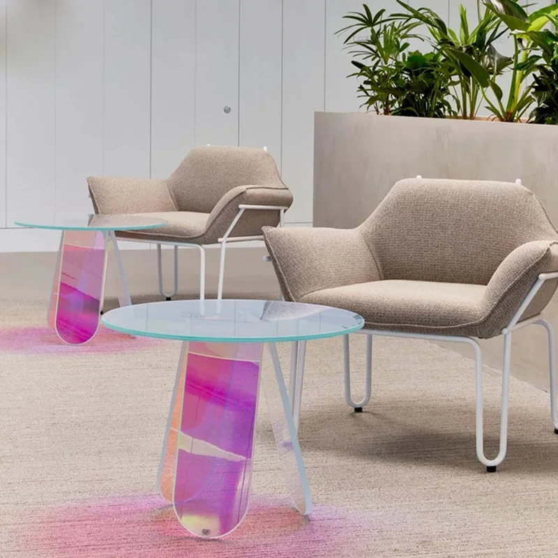 2021 Nordic Modern Crystal Living Room Furniture Round Iridescent Side Table Colorful Smart Rainbow Acrylic Coffee Table