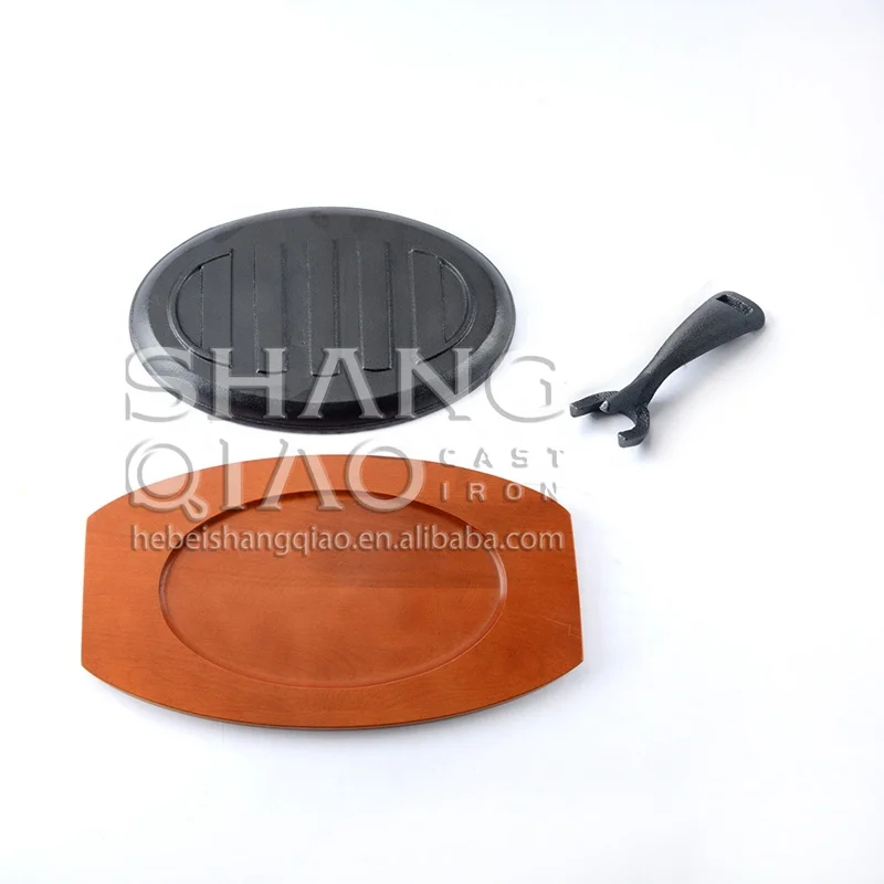 Предварительно приправленная чугунная тарелка для стейка с деревянным основанием/подносом Fajita Skillet Серверная Sizzler