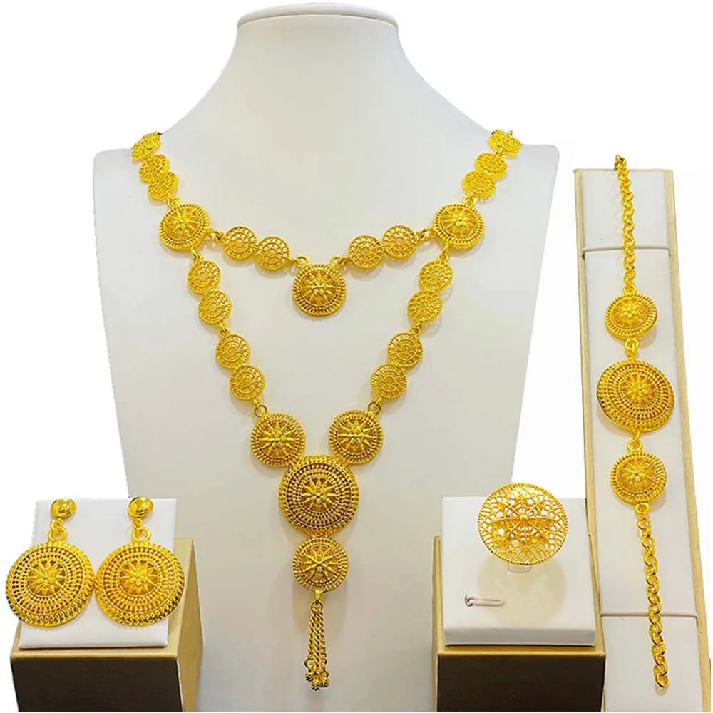 Plated Jewelry Set Women Necklace Bracelet Earrings Ring Fashion Jewelry Sets Gold Alloy 2023 Dubai Trendy Middle East Wedding
