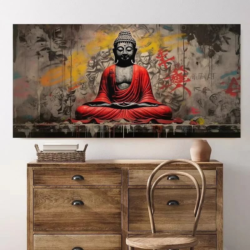 Abstract Meditating Buddha Statue Sitting Lotus Religious Poster Canvas Painting Wall Art Picture Modern Room Home Decor Cuadros