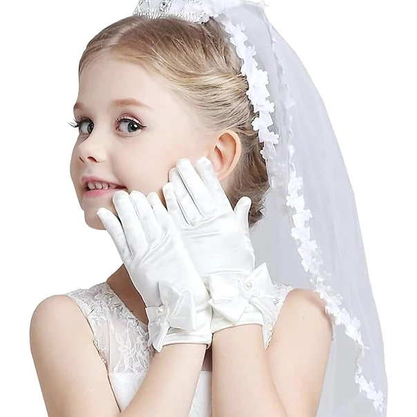 Girls Long Princess Elbow Gloves Formal  Princess Gloves Kids Satin Short Bowknot Gloves for Kids Party