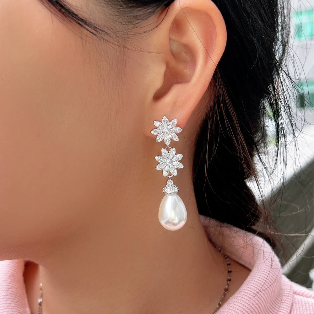 New Exquisite Cubic Zircon Flower Earrings Women Bridal Long Dangle Pearl Drop Earrings Wedding Brides Jewelry for Banquet Party