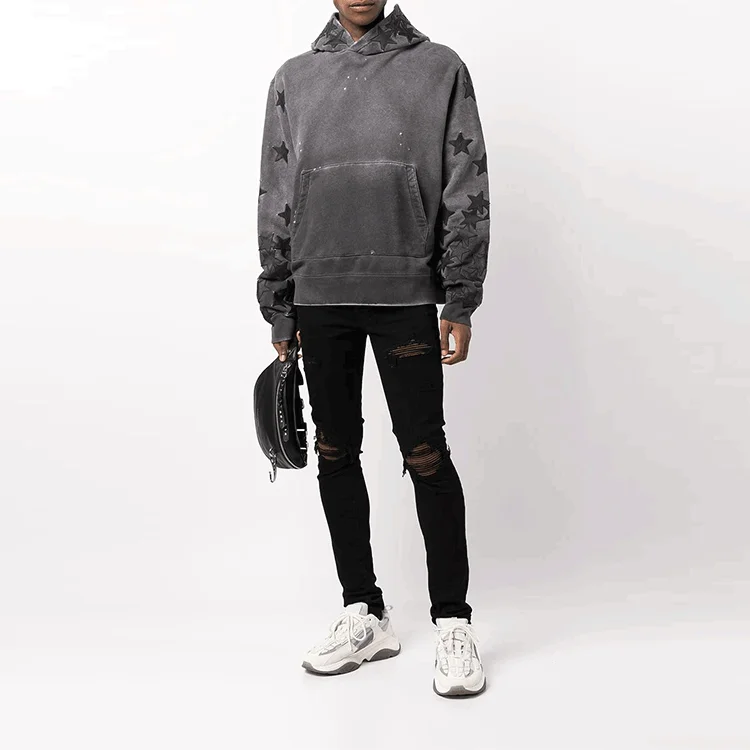 street wear vintage washed men hoodie set wholesale stone wash hoodie custom embroidery patch no string hoodies