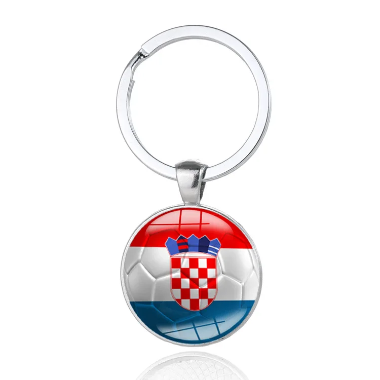 Glass metal keychain Brazil Spain Croatia football soccer flag keychain crafts 2024 wholesale