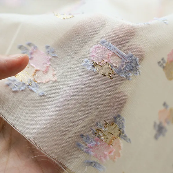 Wholesale Dresses Fabric Satin Brocade Glitter Pink Floral Embroidery Tela Lurex Thin Chiffon Silk Jacquard Polyester Fabric