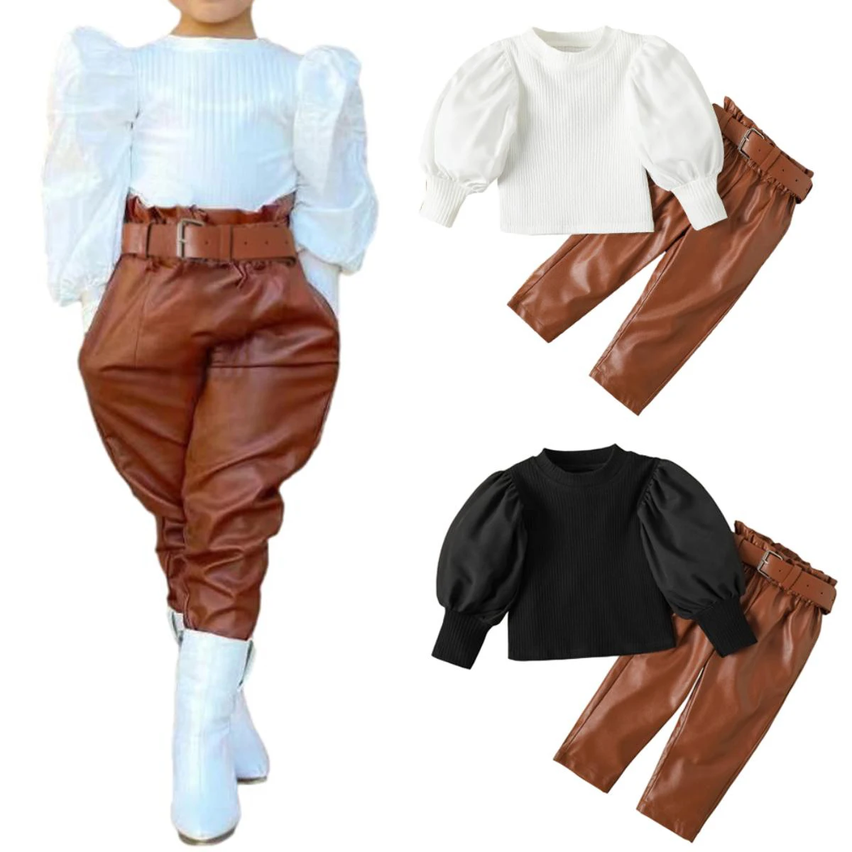 High street lantern sleeve top wear and PU leather pants two piece junior girls clothing sets