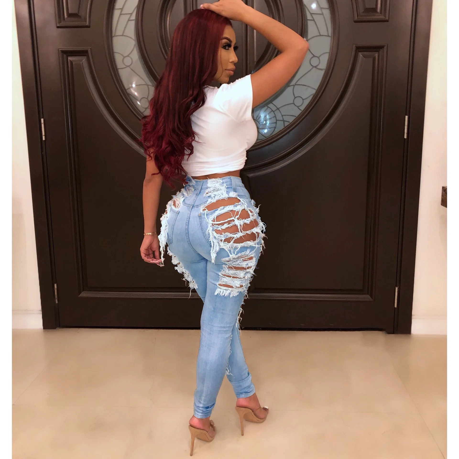 
New Design Fashion Casual Cut Up Women Denim Jeans Pantalones-Jeans Muj Distressed Custom Jeans 