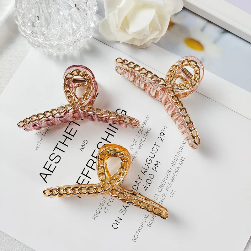 Fashon Girls Head Decoration Oversize Hair Clamps women plastic Claw hair jaw clip  with metal chain claw  hair clip
