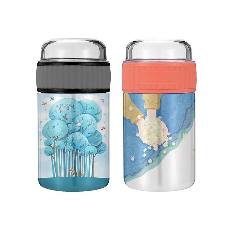 Outdoor Cute Paint Colorful Lunch Box 304 Stainless Steel Thermos Vaccum Insulated Kids Food Storage Jars with Transparent Lid