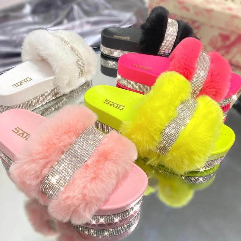 
Faux fur women shoes platform diamond slides rhinestone plush thick sole bling slippers outdoor lady sandals 