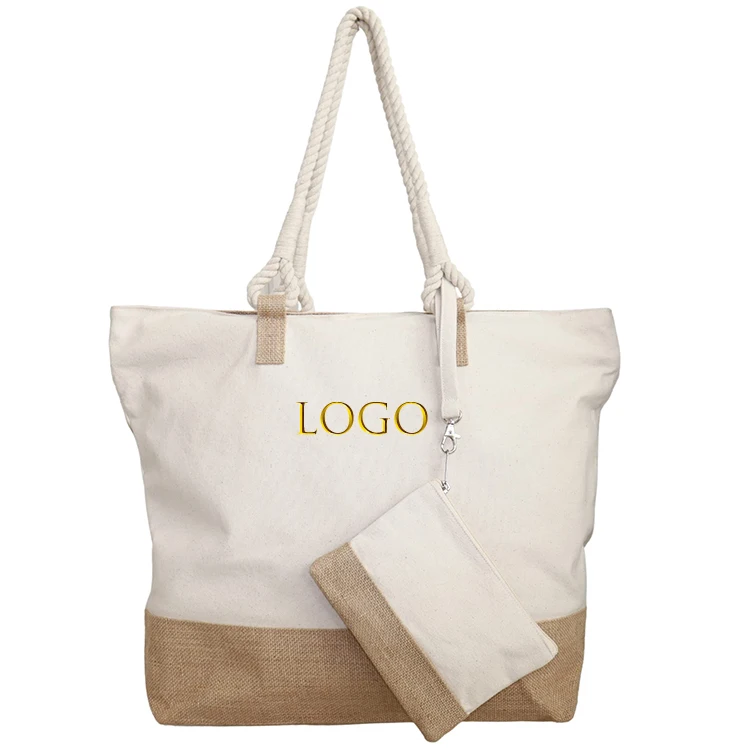 Eco Friendly Shopping Ladies Shoulder Bags Reusable Large Canvas Tote Beach Bag with Zipper and Inside Pockets