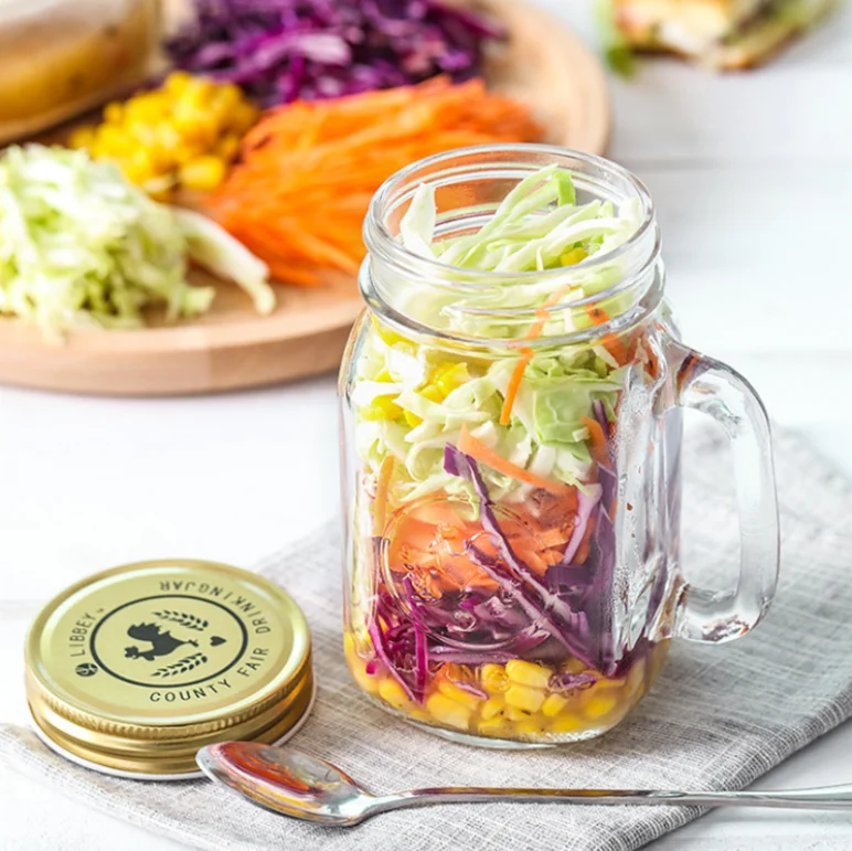 Top Seller Hot Sale Thicken Glass Sealed 16oz Mason jar Clear Cup Light Salad Jam Jar Jars with Lid Lids with Handle