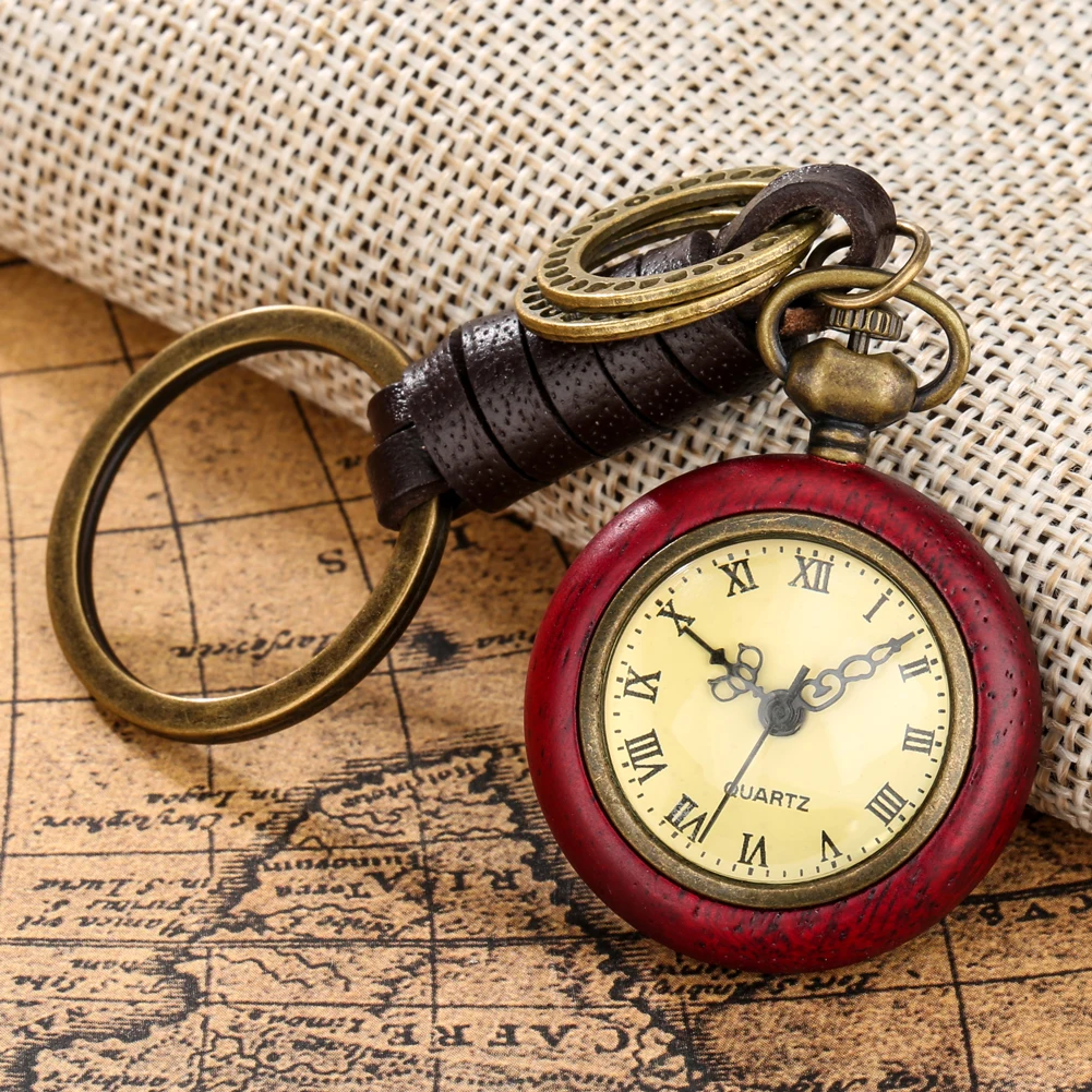 Antique Leather Chain Clock Red Wood Case Reloj De Bolsillo Old Fashion Mini Pendant Pocket Watch
