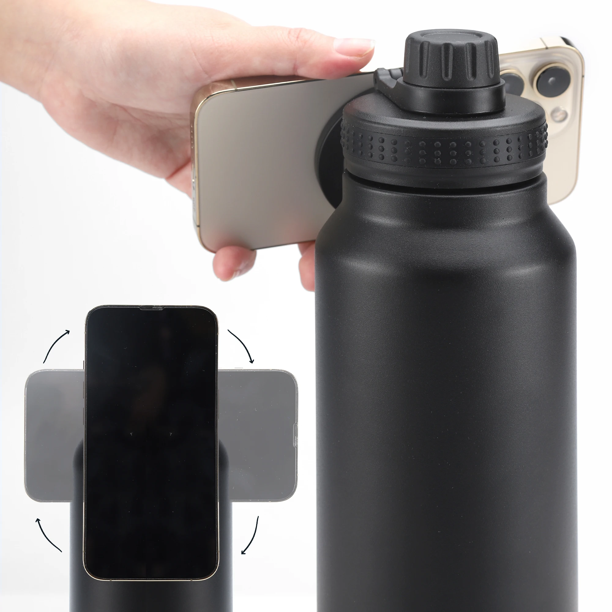 Stainless steel water bottle with Magnetic lid phone holder, Magnetic attraction your mobile phone, Adapt to multiple capacities
