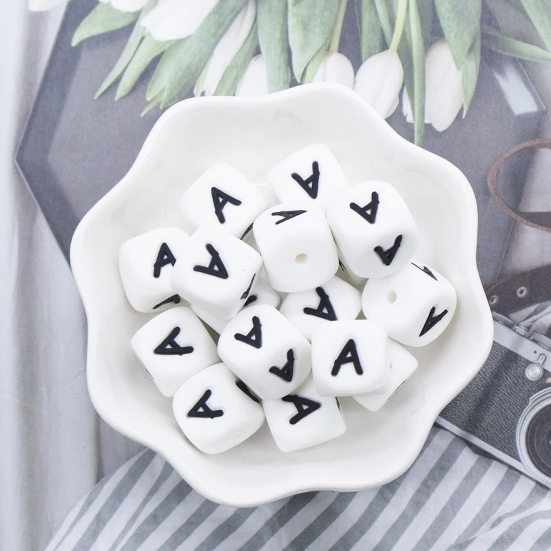 Bpa Free Baby Teether Bead Chew Food Grade Baby Teething Pacifier Clip Soft 12mm Alphabet Silicone baby teether letters