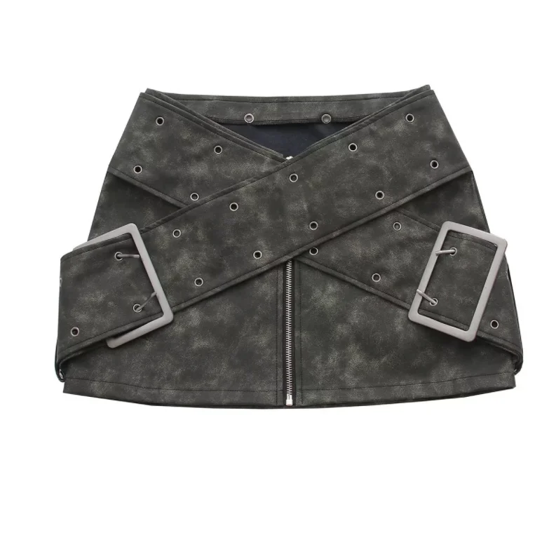 Runwaylover 2858 Front Zipper 2024 Ladies Fashion Pu Leather Skirt With Belt