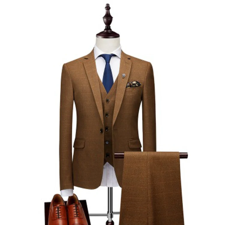 Tweed 3 Pieces Pant Coat Custom Suit Design Men Wedding Suits Pictures Polyester Material Men Suits Manufacturer