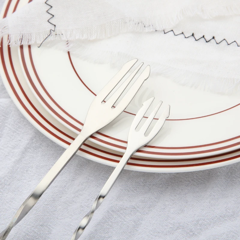 Long Handle Stainless Steel Bar Cocktail Stirring Twisted Spoon Fork drink mixing spoon with fork