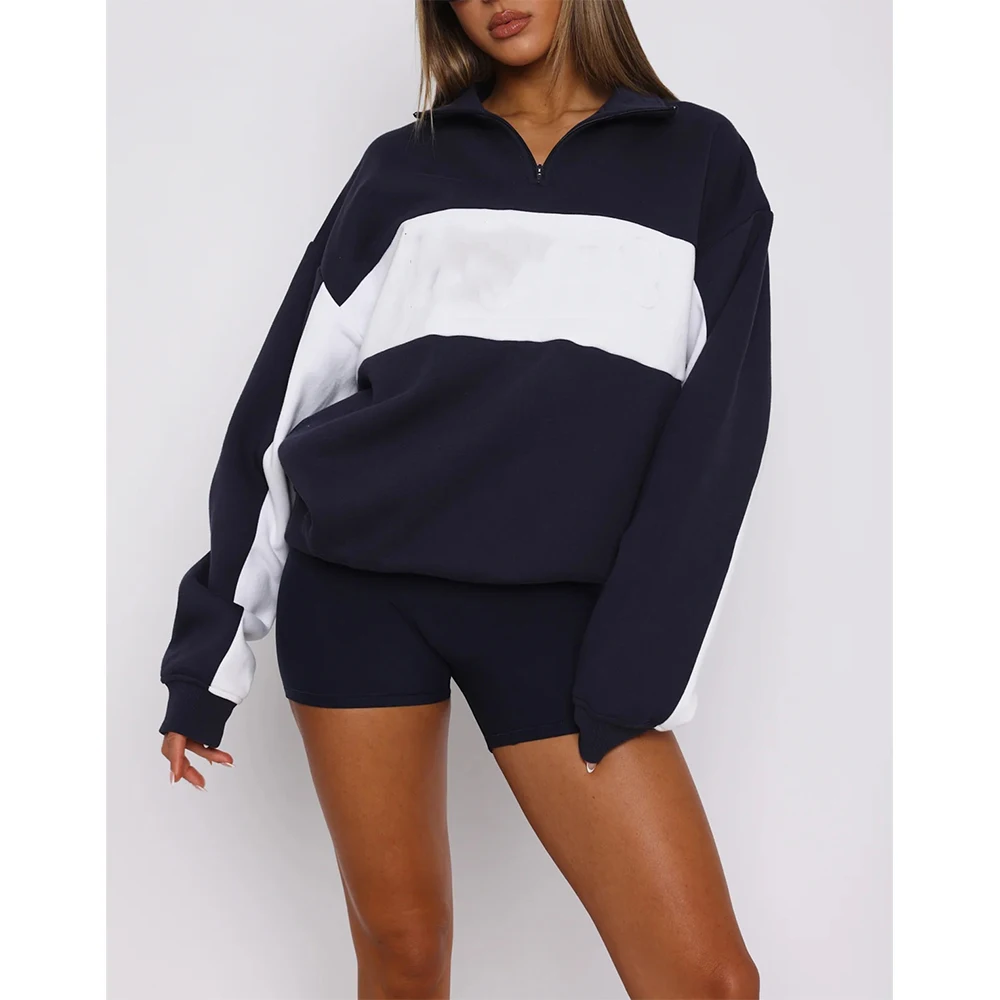 Custom color block sweatshirt women jumper streetwear heavy weight cotton half zip pullover sweatshirts women hoodie