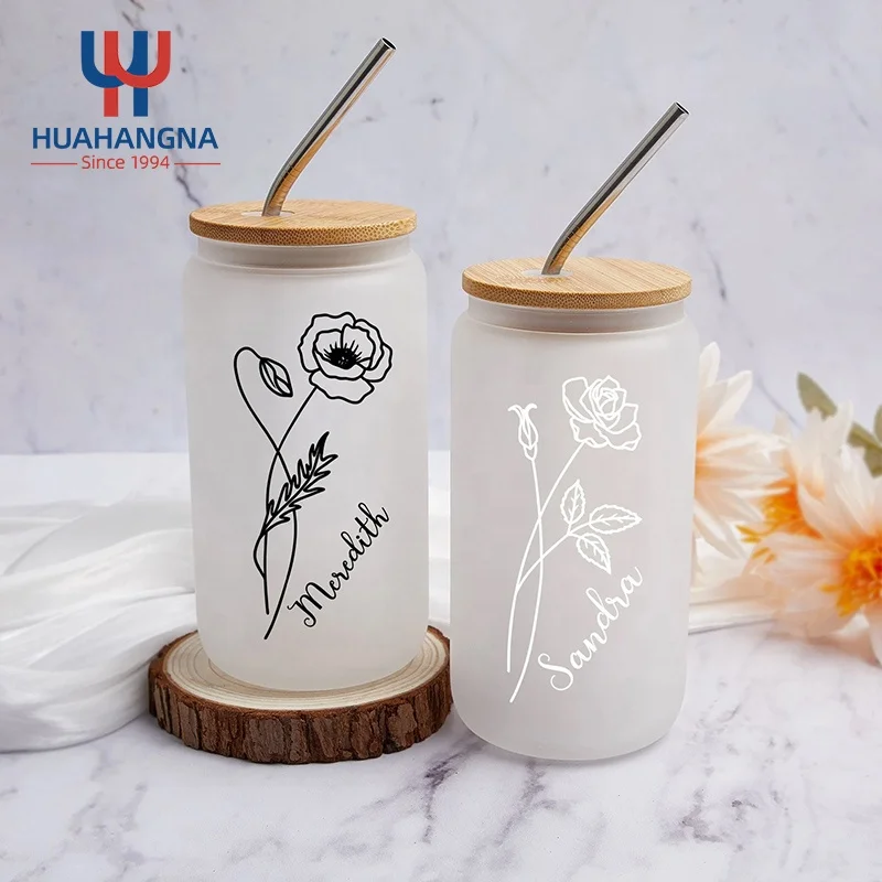 16oz Custom Logo Frosted Sublimation Beer Can Tumbler Glass Drinking Cups with Lids and Straw