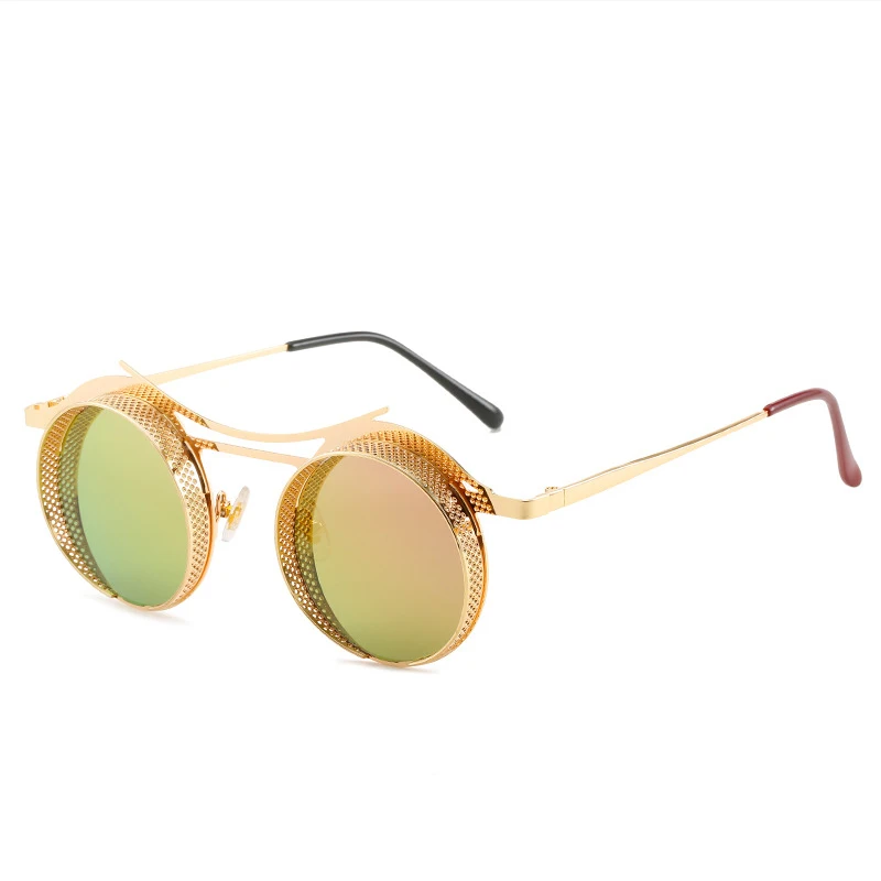 Custom Logo  2022 Steam Punk Fashion Retro Round Sunglasses Metal Hollow Frame Men Vintage Driving Fishing Cycling Sun Glasses