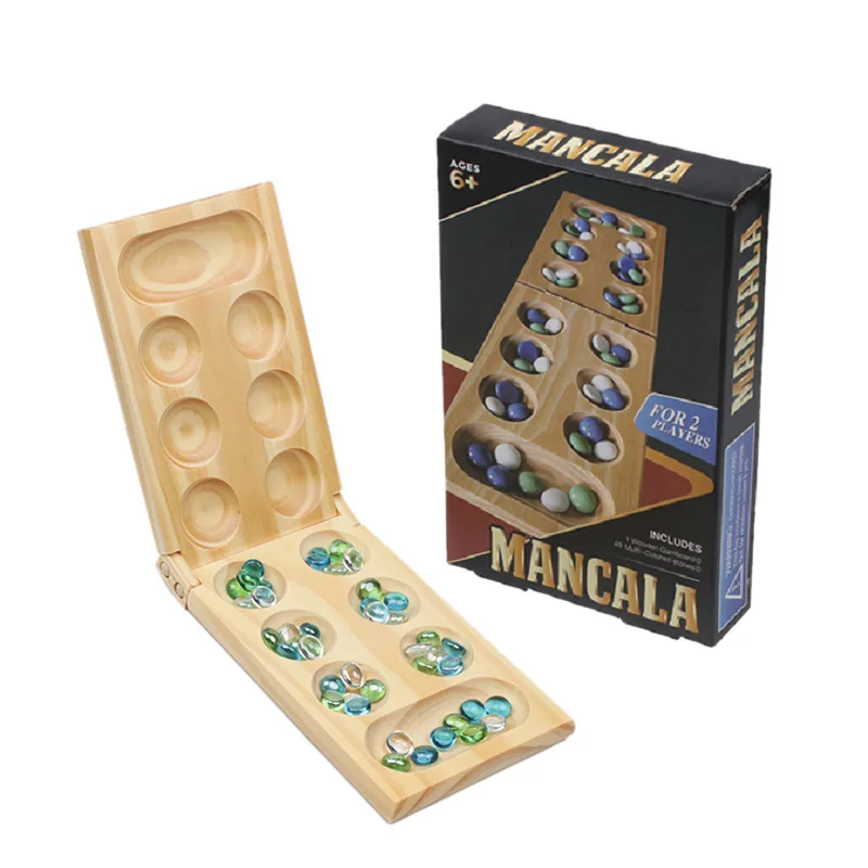 Custom wooden foldable mancala board game checkers wood ludo travel adults kids glass stones mancala board game