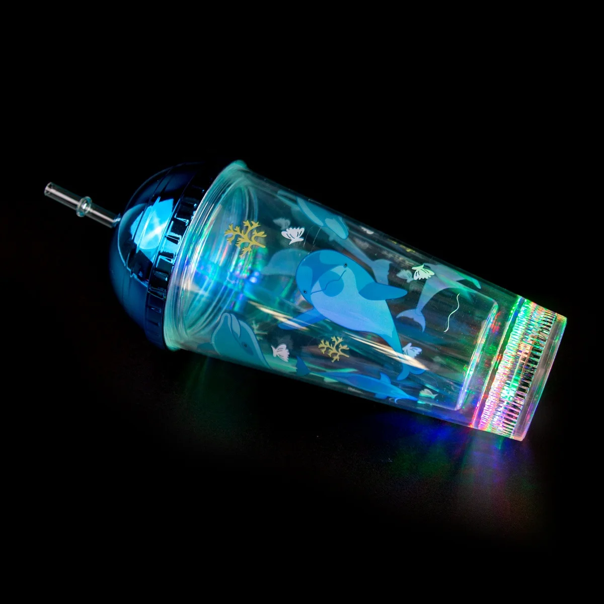 16oz Multicolor LED Double Wall Tumbler Cup Flashing Plastic Straw Cup