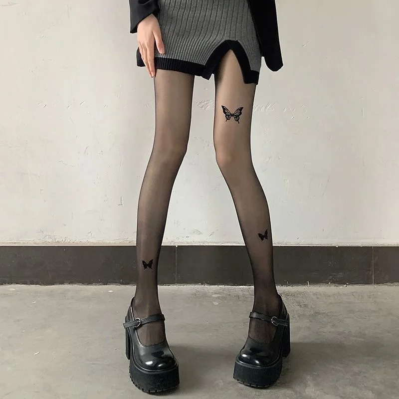 Printed Butterfly Style Long Socks Ultra-thin Invisible Black Silk Sexy Pantyhose Polyester Fabric Sexy Over-knee Socks