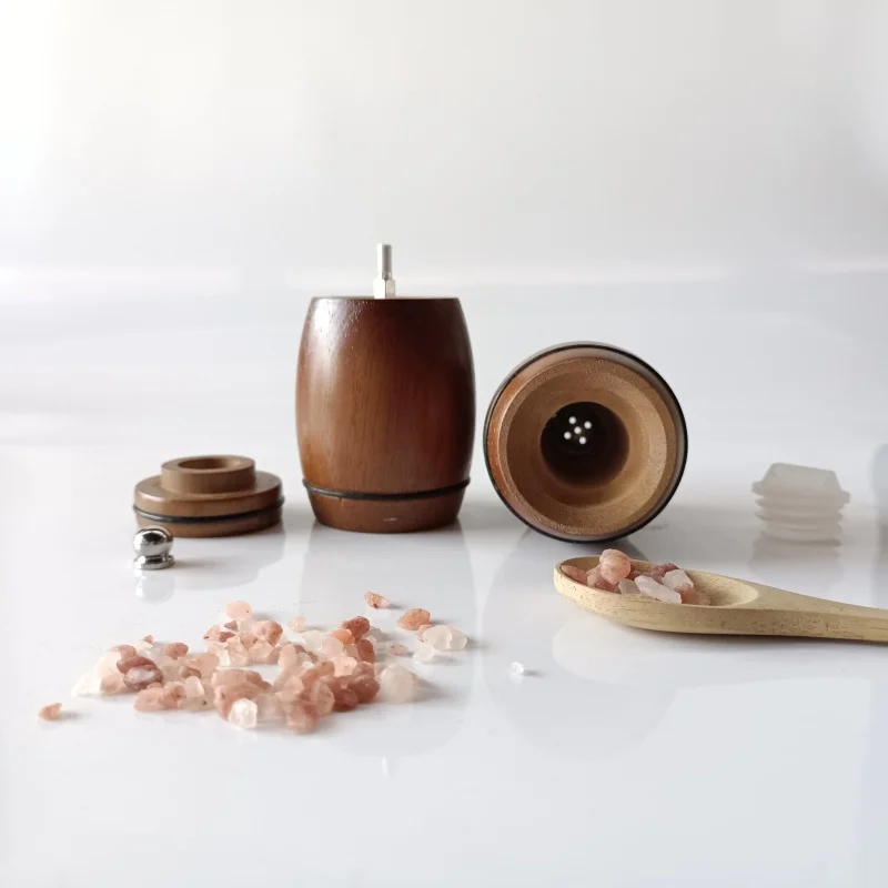 Mini Wooden Pepper & Salt Grinder Set Barrel-shaped One Hand Pepper Shaker Set for Kitchen Use Portable & Storage