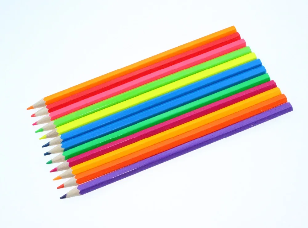 Full Length Standard 7' Customized logo 12 Pcs Neon Body Wooden Color Pencil Set in Paper Box