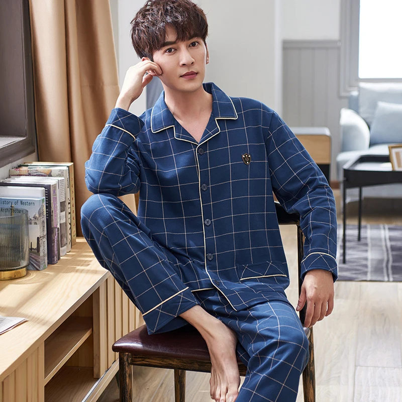 
2PCS Pajamas Men Cotton Long-sleeved Suit Plaid Large Size Sleepwear 