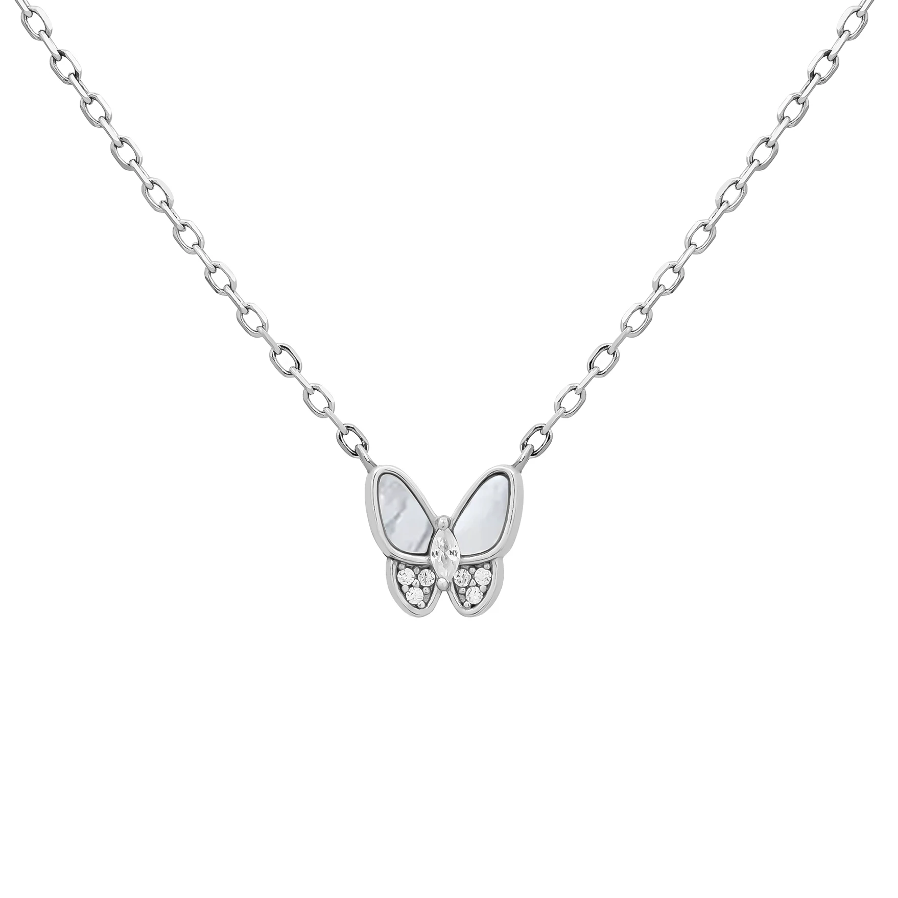 925 Sterling Silver Women Jewelry Half Mop Half Pave CZ Butterfly Necklace