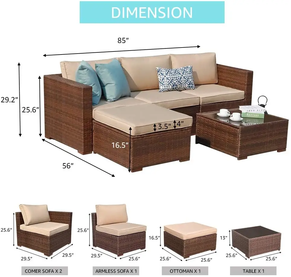 5 pieces Outdoor Sofa Set Wicker Rattan Furniture Outdoor Furniture Garden Set Plastic Resin Chair and Glass Coffee Table