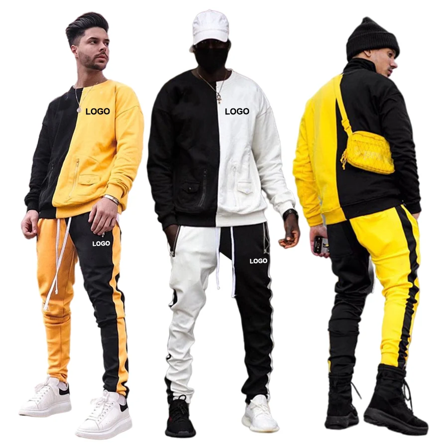hot sale high quality men fashion streetwear color block crew neck pullover sweatsuit tracksuit tracks sweat suits